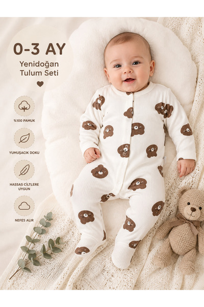 Ecrix Baby Erkek Bebek 2`li Pamuklu Patikli Tulum Hastane Çıkışı 0-3 Ay