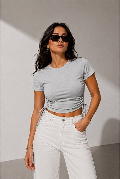 DI LORIA Tricou gri pentru femei, cu șnur reglabil pe lateral (95% bumbac)
