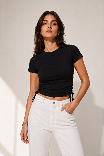 DI LORIA Tricou negru pentru femei, cu șnur reglabil pe lateral (95% bumbac)