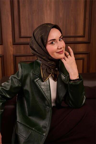 Silk Home Twill Silk Scarf Dark Green–Henna Green–Olive Patterned Tok Duruşlu...