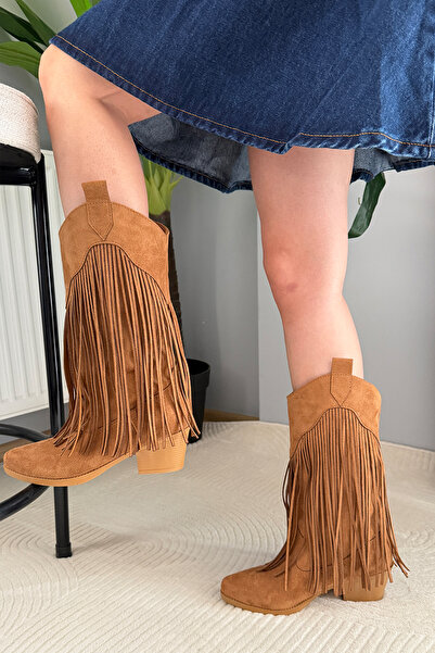 Preshley Γυναικείες μπότες καουμπόικες Dakota Tan Suede με φούντες και τακούν...
