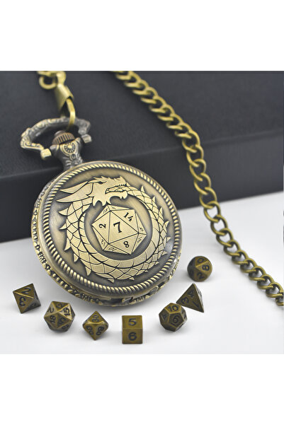 Choice bronze Pocket Watch & Mini Metal Polyhedral Dice Set 6mm Table and Boa...
