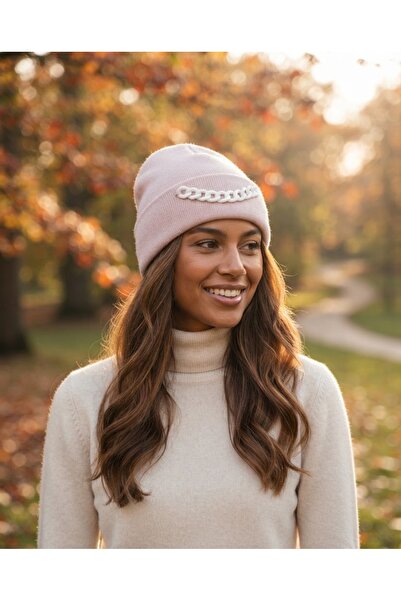 Fonem Women's Chain Beanie Fo 2670 Pink Patterned Knit, Warm and Stylish Wint...
