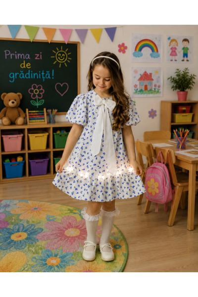 fustite cu luminite Λευκό φόρεμα με μπλε λουλούδια, για το σχολείο, το νηπιαγ...