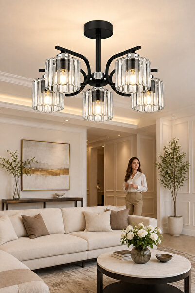 ESSLİGHT Nehir 5’li Siyah Plafonyer Kristal Taşlı Avizesi Salon Mutfak Yatak ...