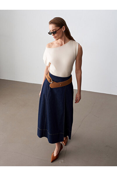Dilvin 80595 Μακριά τζιν φούστα με λεπτομέρεια στη ζώνη - Σκούρο μπλε