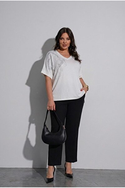 Koza Butik Women's Plus Size Short Sleeve V-Neck Stone Printed Viscose Blouse...