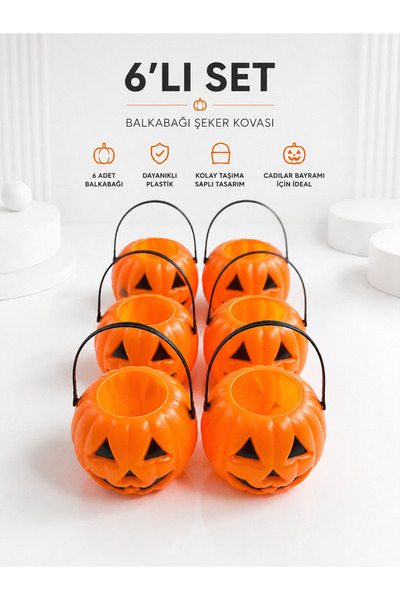PARTİPORT 6’lı Set Balkabağı Şeker Kovası Cadılar Bayramı Halloween Mini Kova...