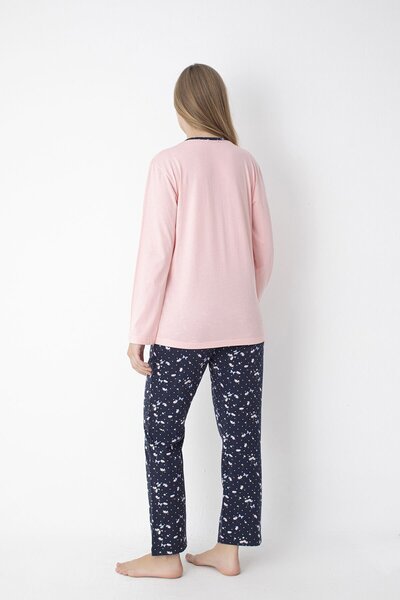 SENFONİ Pembe / Lacivert Uzun Kollu %100 Pamuk Pijama Takımı – Rahat ve Konforlu Ev Giyimi