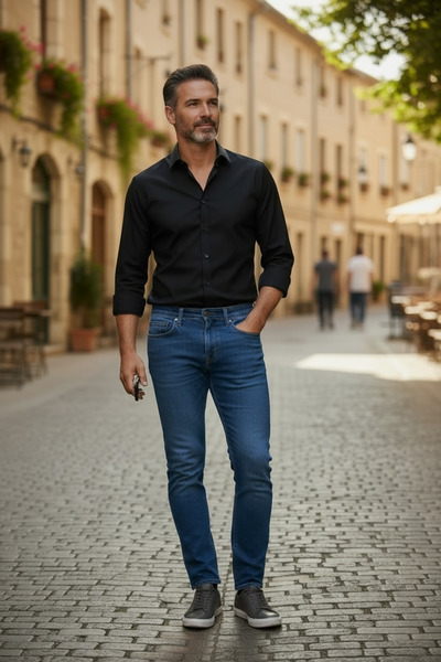 oraystore Ανδρικό τζιν παντελόνι σε σκούρο μπλε χρώμα, κανονική εφαρμογή, άνε...