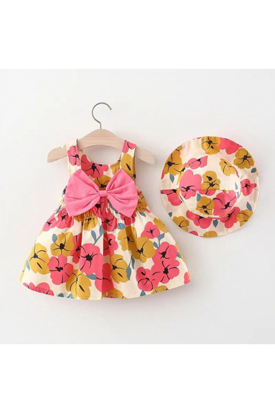 Little Dress Rochie de vacanță cu flori, fundă roz și pălărie asortată