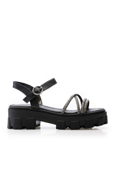 UrbanShoes Sandale cu talpă groasă damă din piele naturală, Leofex - 055 Negr...