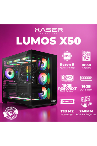 XASER Lumos X50 Ryzen 5 7500F 16GB DDR5 Ram 1TB M.2 NVMe SSD 16GB RX9070 XT M...