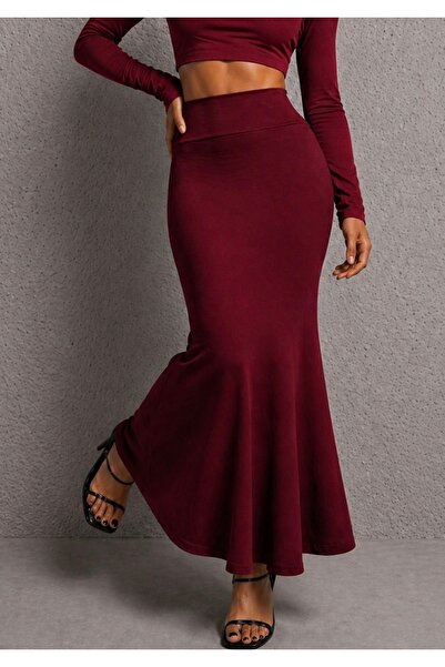 LİMMODA Burgundy High-Waisted Lycra Maxi Length Skirt