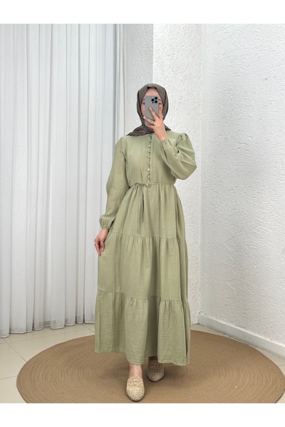 MİHRA STORE Κρυστάλλινο Φόρεμα Μουσελίνας με Κουμπιά και Στρώσεις-ML2143 Μέντα