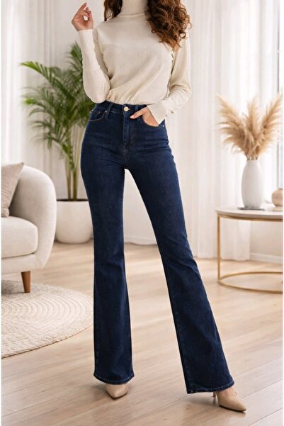 BİENAL BUTİK Cary Kadın Yüksek Bel Koyu Mavi Ispanyol Paça Jeans Likralı Esne...