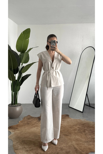 asfamoda Γυναικείο λινό γιλέκο με κουμπιά και δέσιμο, παντελόνι παλάτσο με πι...