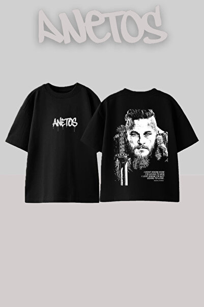 Anetos Tricou oversize negru din bumbac cu imprimeu pe spate Ragnar Lothbrok ...