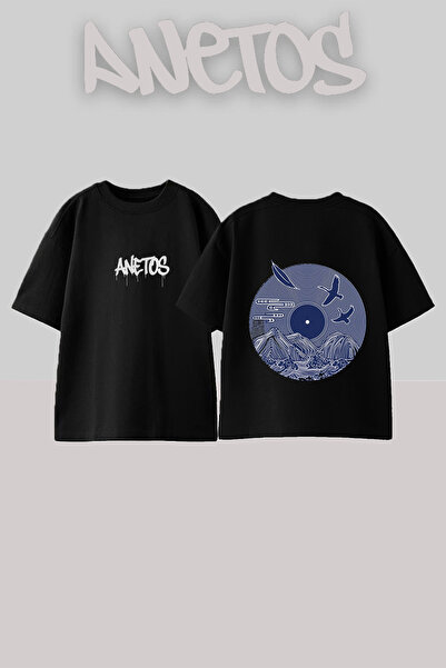 Anetos Tricou oversize negru din bumbac cu imprimeu pe spate Flying Geese Design
