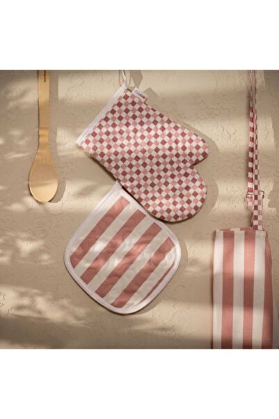 Evidea Soft Riga Fırın Eldiveni ve Tutaç Set - Pembe / Ekru - 17x28 cm + 20x2...