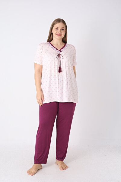 JENİKA Σετ πιτζάμες μεγάλου μεγέθους με στρογγυλή λαιμόκοψη από βισκόζη, δαντ...