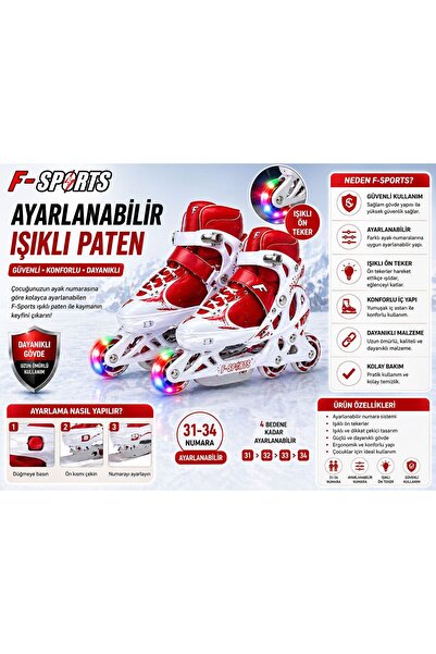 genel tr Ön Tekerler Led Işıklı Ayarlanabilir Çocuk Pateni Kırmızı 31-34