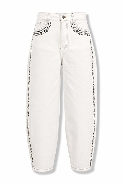 5in1Canpolat Εκρού τζιν με λεπτομέρεια από καρφιτσωτές λεπτομέρειες στα πλαϊν...