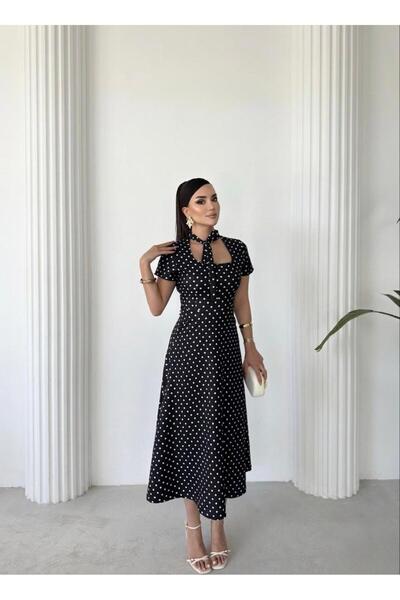 maf collection Kadın Siyah Boyun Detay Kare Yaka Puantiyeli Uzun Abiye Mezuni...