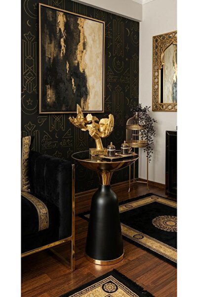 LUXURY VİLLA LUXURY DEKORATİF METAL YAN SEHPA ÜSTÜ SİYAH CAMLI 40x40 YÜKSEKLİ...