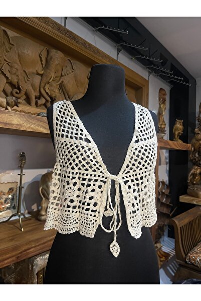 KESKİN AKSESUAR BOHEM ÖRGÜ CROP BLUZ BAĞLAMALI DANTEL DETAYLI YAZLIK ÜST