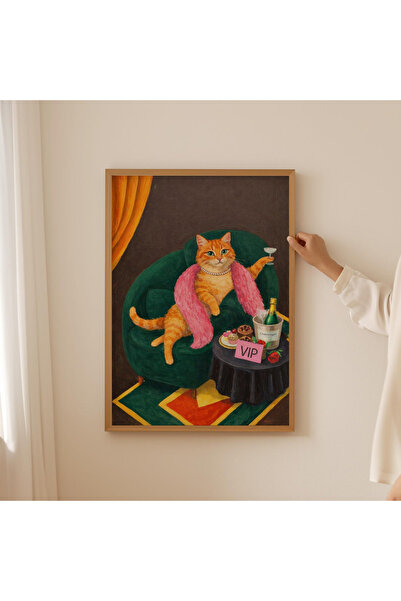 Tuba Decor Tablou într-o singură bucată cu ramă din lemn, cu șampanie și pisică