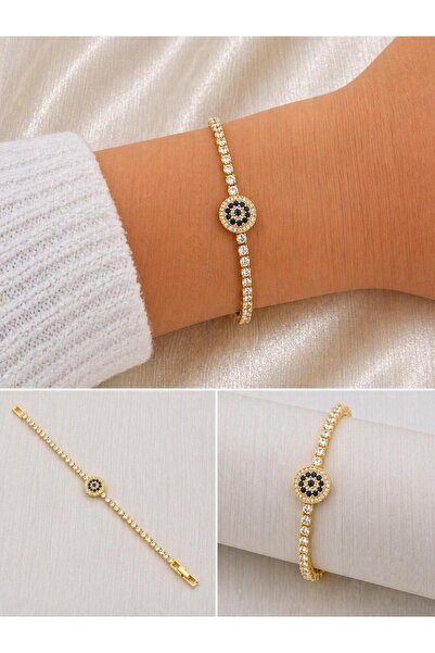 Gold Nazar Boncuklu Taşlı Minimal Kadın Bileklik