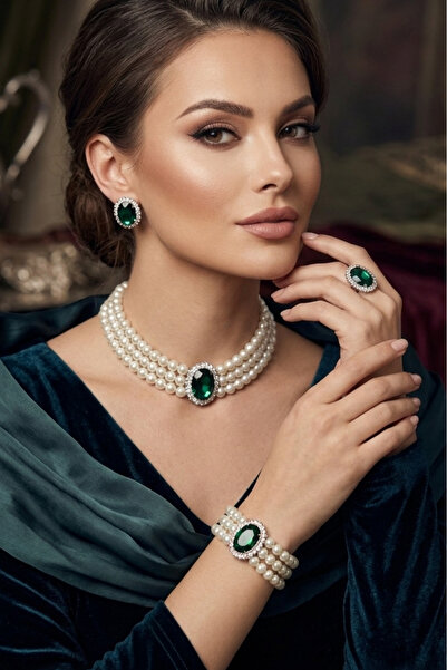Happyline İncili oval yeşil taşlı gümüş kaplama cam inci choker kolye tasarım...