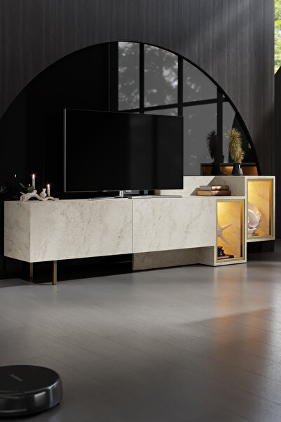 Modatte TENON 213.2 cm TV ÜNİTESİ RGB LED IŞIKLI GOLD DEMİR AYAKLI RAFLI DOLAPLI TRAVERTEN TV SEHPASI