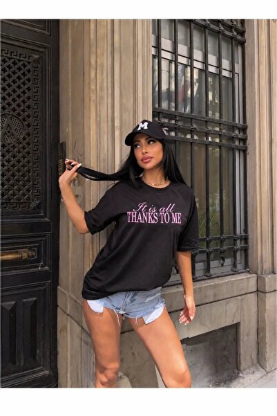 Cool & Sexy Siyah Baskılı Oversize Penye T-Shirt – “It is all Thanks to Me” Y...