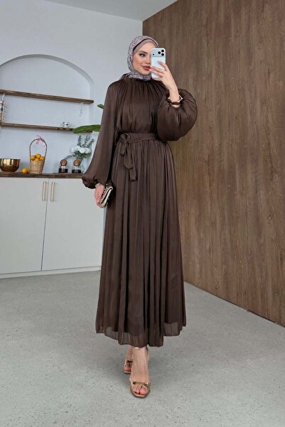 Şulemoda Giyim Βραδινό φόρεμα σατέν σετ Elfida σε καφέ χρώμα
