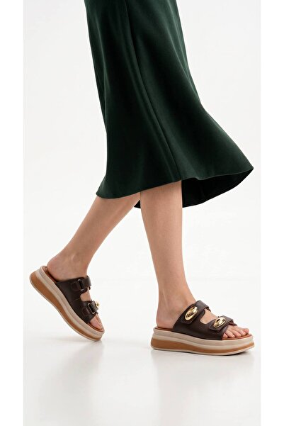 Lidora Women's Bitter Brown Velcro High Sole Slippers Ayk1070