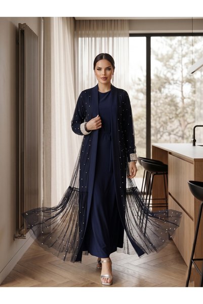 SADEL İnci Süslemeli Kuşak Detaylı İkili Abaya - Laci