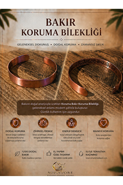 SufiStore Bakır Kelepçe Koruma Bilekliği-Manevi Koruma-Ayet Yazılı