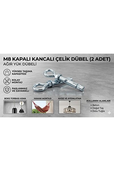 EMİRHANNALBUR Kancalı Çelik Dübel Kapalı M8 x 2 Adet - Ağır Yük Dübeli