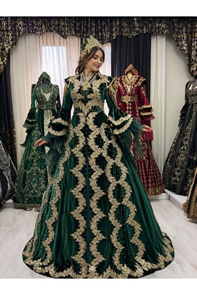 ZK ZÜMRÜT KAFTAN Yeşil Renk Gold Motif İşlemeli Gelin Kaftanı Yeşil İç Elises...