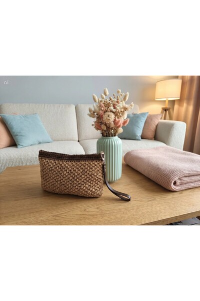 Meya design حقيبة نسائية بني وبيج مزدوجة اللون محبوكة يدويًا مع سحاب - 17x26 سم