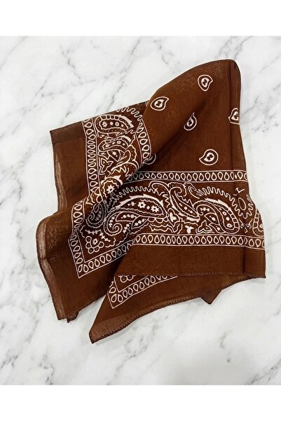 PİNPİN AKSESUAR KAHVERENGİ BEYAZ ETNİK DESENLİ %100 PAMUK BANDANA 55x55cm