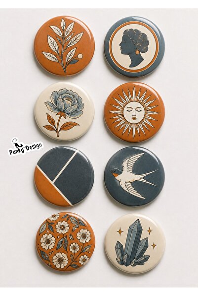 8-Piece Set-1 Vintage Bohemian Design Badge 44 mm PVC Coated Bag Jacket Collar Accessory