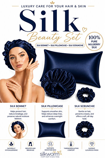 silkwormlife مجموعة سيلك وورم لايف للتجميل المصنوعة من الحرير بنسبة 100% - غطاء وسادة (50x70) + قبعة حريرية + مشبك حرير |   مجموعة العناية بالشعر والبشرة