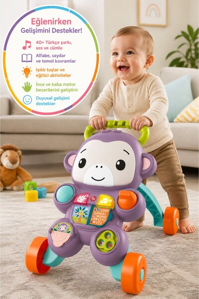 TOYFEST Mor Maymun Sesli Işıklı Bebek Yürüteç İlk Adım Eğitici Oyuncak Türkçe...