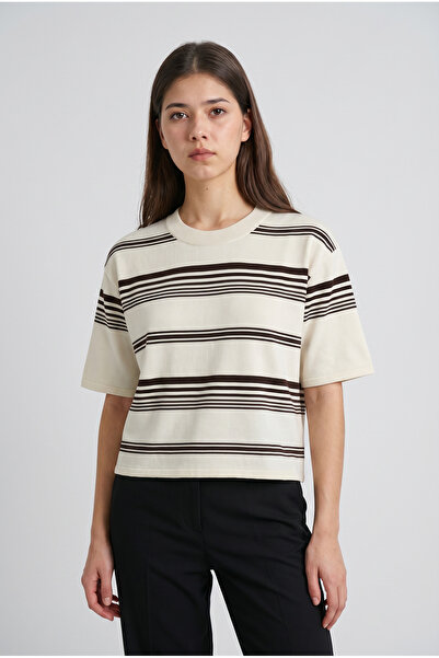 MODASPARK Ecru Standard Fit Normal Cut Crew Neck Κοντομάνικη Ριγέ Γυναικεία Μ...