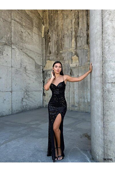 Modafeminen Φόρεμα Trend με σχισμένο βελούδο με παγιέτες μαύρο 583293