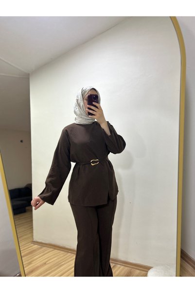BNGL Boutique Hijab Pants Blouse Belt Brown Suit