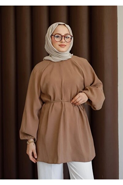 MODA TAY KADIN BALON KOL BEL KUŞAKLI TESETTÜR TUNİK